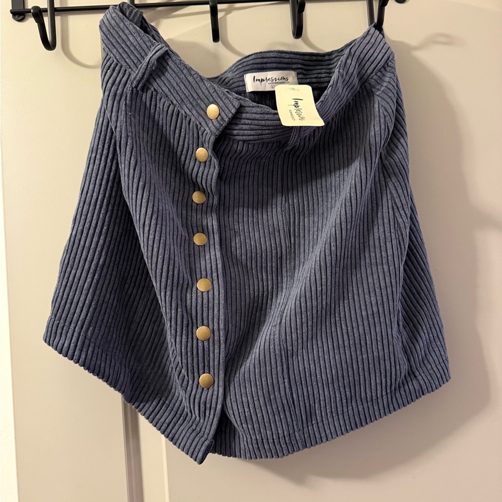 Impressions Navy Corduroy Skirt with Gold Buttons